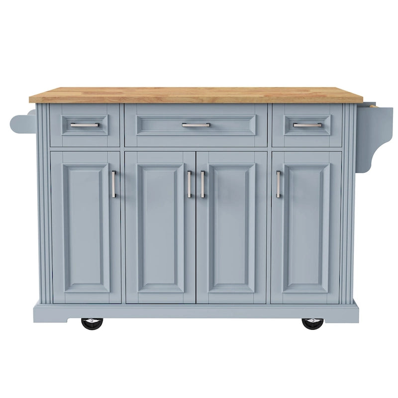 54inch Kitchen Island with Rubber Wood Drop Leaf, Embossed Texture Rolling Kitchen Cart on 4 Wheels with 4 Doors and 3 Drawers
