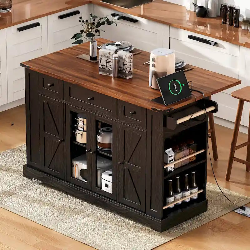 53 Farmhouse Kitchen Island With Two Tempered Glass Cabinet Doors(no include stool)