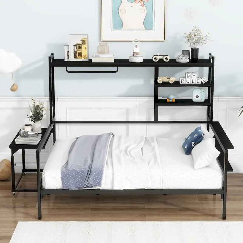 Versatile Daybed with Movable Desk, Metal Sofa Bed Frame with Metal Grid, Shelves and Clothes Hanger, No Box Spring Needed