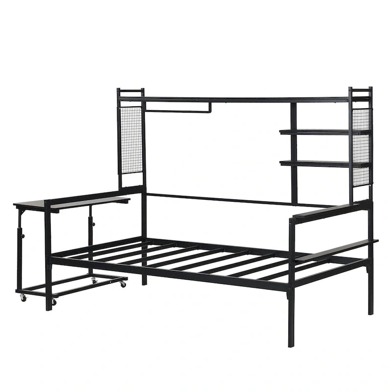 Versatile Daybed with Movable Desk, Metal Sofa Bed Frame with Metal Grid, Shelves and Clothes Hanger, No Box Spring Needed