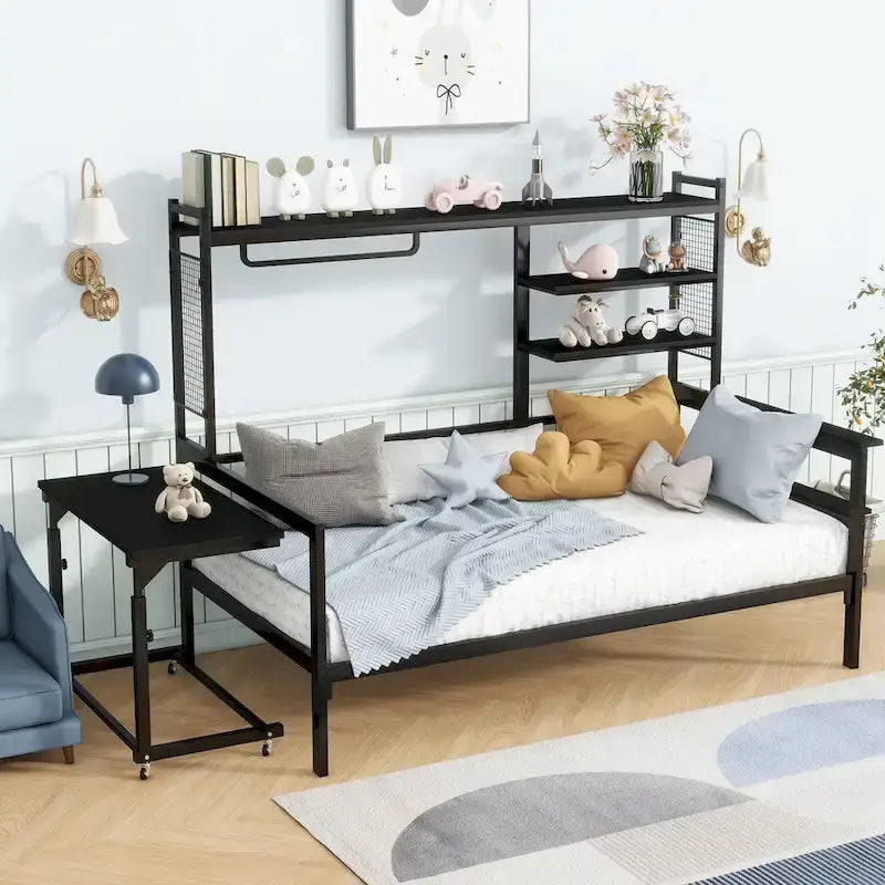 Versatile Daybed with Movable Desk, Metal Sofa Bed Frame with Metal Grid, Shelves and Clothes Hanger, No Box Spring Needed