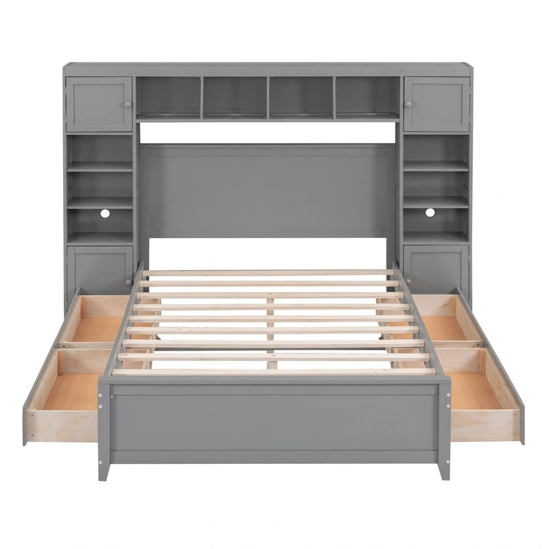 Grey Wooden Full Size Bed With Integrated Storage Cabinet, Shelf, and Drawers, USB Ports