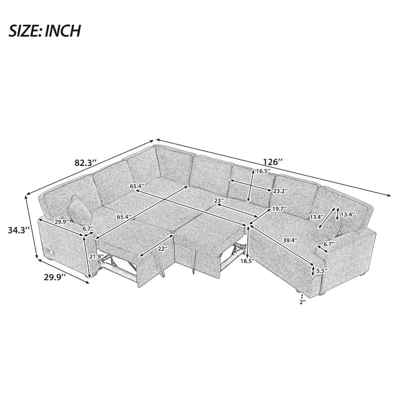 Black 126 L-Shaped 6-Seater Sofa with Pull-Out Bed and Cup Holders