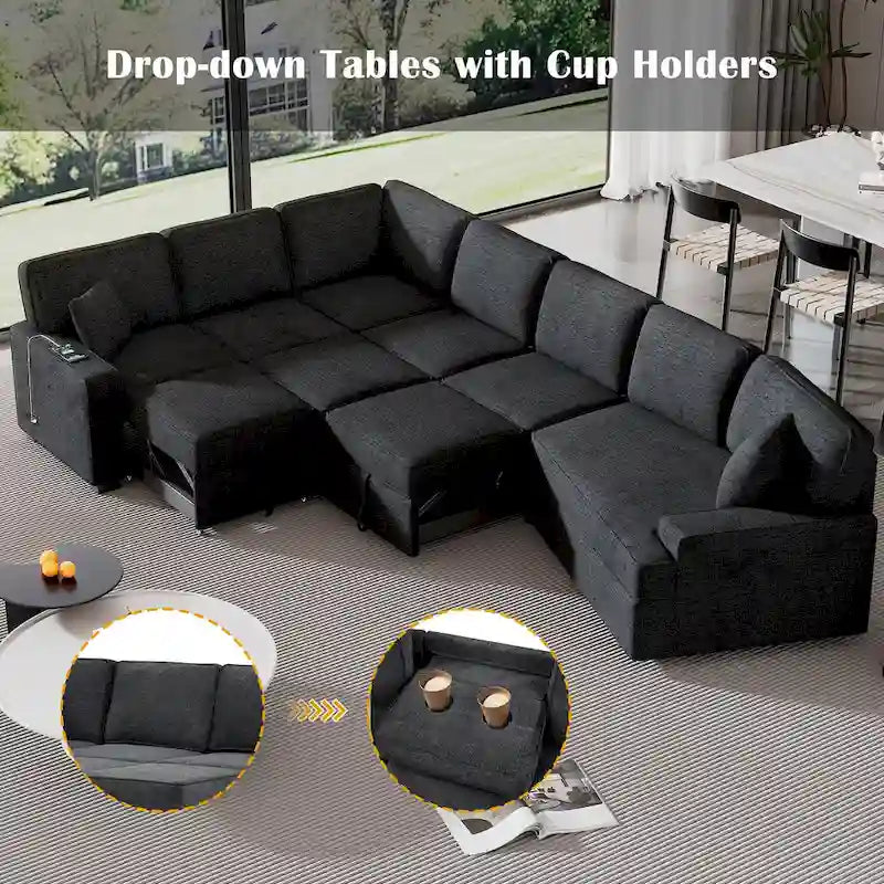 Black 126 L-Shaped 6-Seater Sofa with Pull-Out Bed and Cup Holders