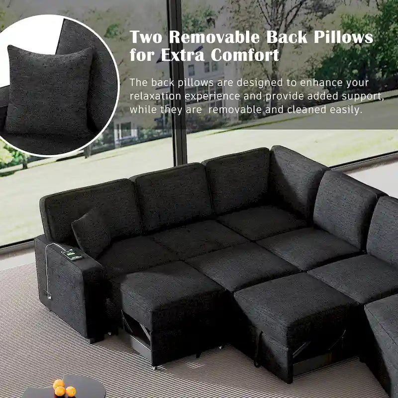 Black 126 L-Shaped 6-Seater Sofa with Pull-Out Bed and Cup Holders