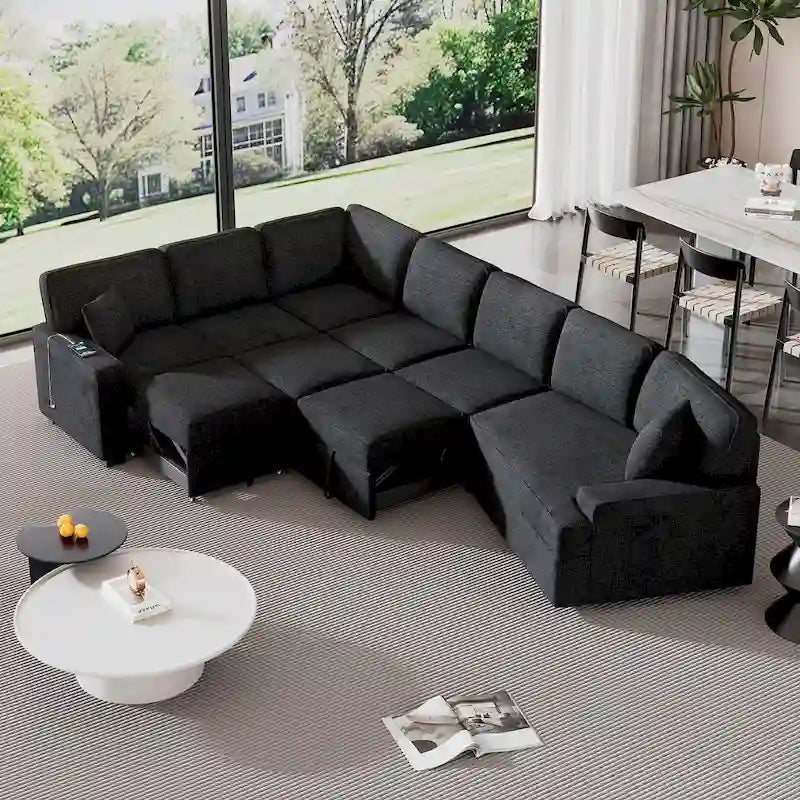 Black 126 L-Shaped 6-Seater Sofa with Pull-Out Bed and Cup Holders