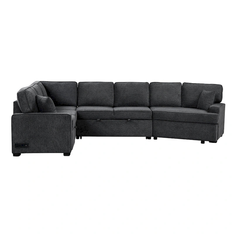 Black 126 L-Shaped 6-Seater Sofa with Pull-Out Bed and Cup Holders