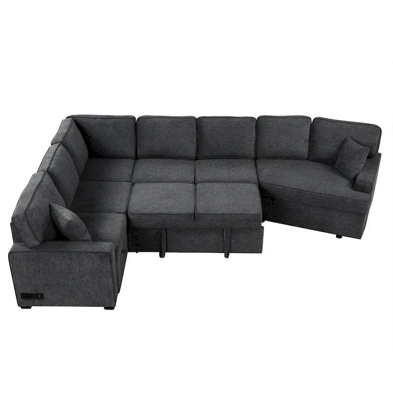 Black 126 L-Shaped 6-Seater Sofa with Pull-Out Bed and Cup Holders