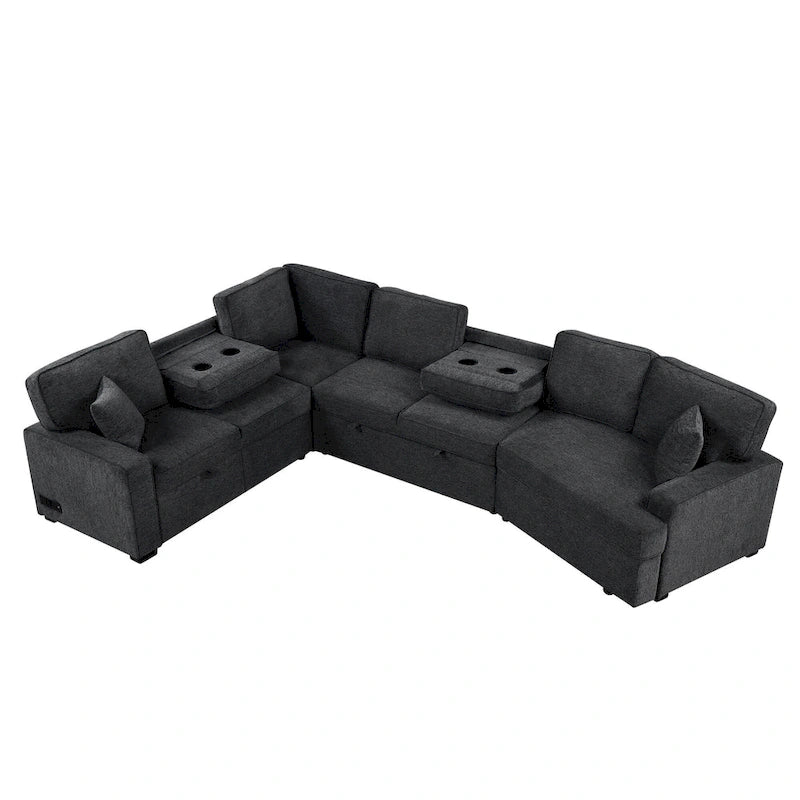 Black 126 L-Shaped 6-Seater Sofa with Pull-Out Bed and Cup Holders