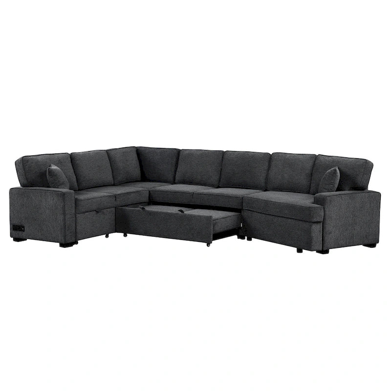 Black 126 L-Shaped 6-Seater Sofa with Pull-Out Bed and Cup Holders