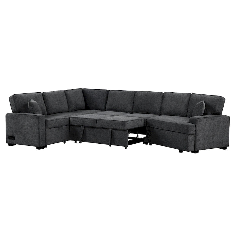 Black 126 L-Shaped 6-Seater Sofa with Pull-Out Bed and Cup Holders