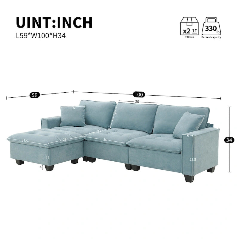 Blue 100 L-Shaped Convertible 4-Seat Sectional Sofa with Removable Ottoman and Matching Pillows, Ideal for Living Room Use