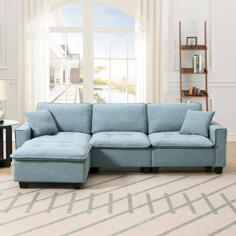 Blue 100 L-Shaped Convertible 4-Seat Sectional Sofa with Removable Ottoman and Matching Pillows, Ideal for Living Room Use