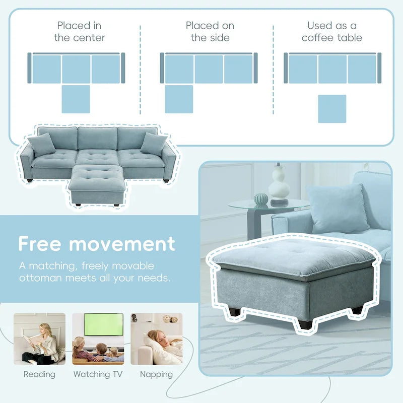 Blue 100 L-Shaped Convertible 4-Seat Sectional Sofa with Removable Ottoman and Matching Pillows, Ideal for Living Room Use