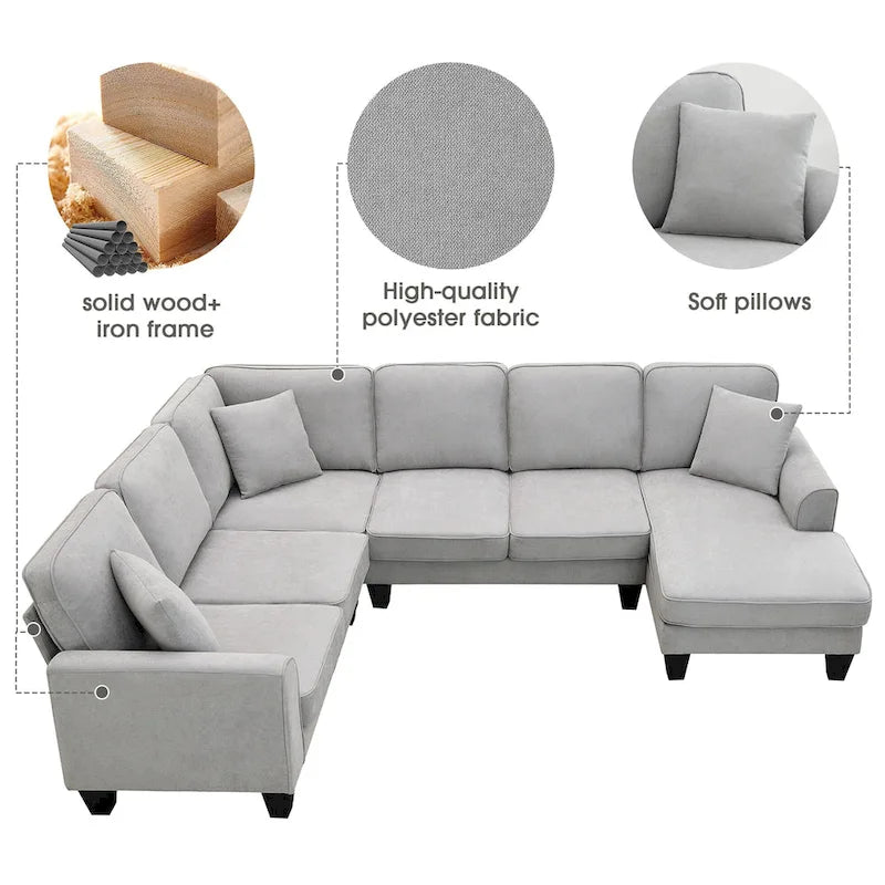 Grey 108 Spacious U-Shaped 7-Seater Sofa Set with 3 Pillows and Chaise, Ideal for Living Room or Apartment