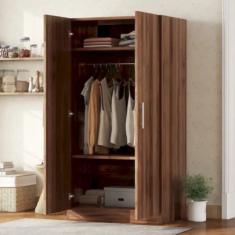 31.5 Rustic 2-Door Wooden Armoire with Hanging Rod and 3 Storage Shelves for Bedroom