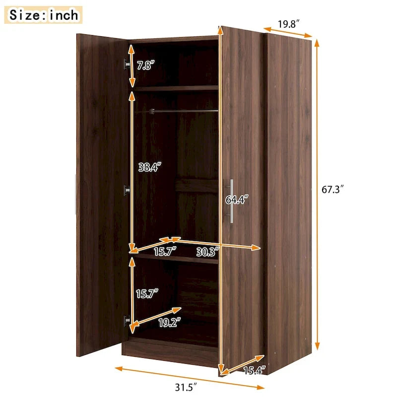 31.5 Rustic 2-Door Wooden Armoire with Hanging Rod and 3 Storage Shelves for Bedroom