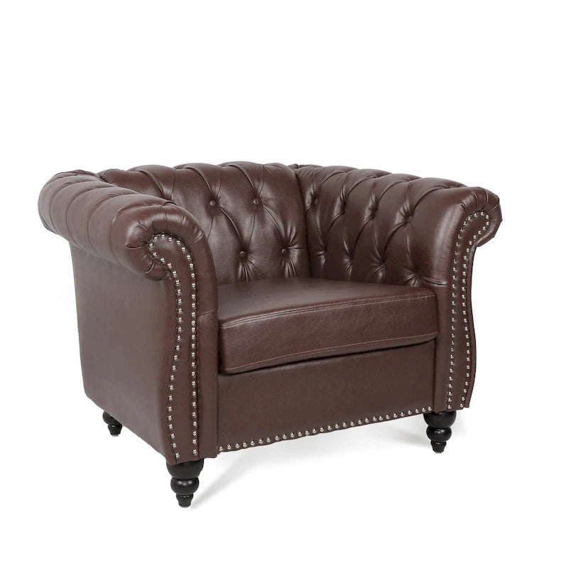 Oversized Brown Faux Leather Tufted Sofa Chair - 32.09 x 38.98 x 28.35