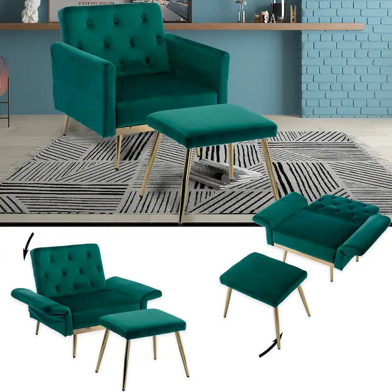 HOMEFUN Velvet Tufted Adjustable Armrests and Backrest Armchair with Ottoman