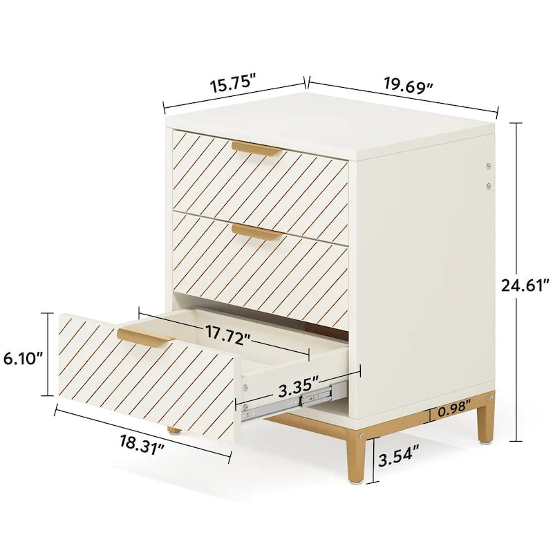 White and Gold Night Stands for Bedrooms Light Wood Grain Nightstands with 3 Drawers