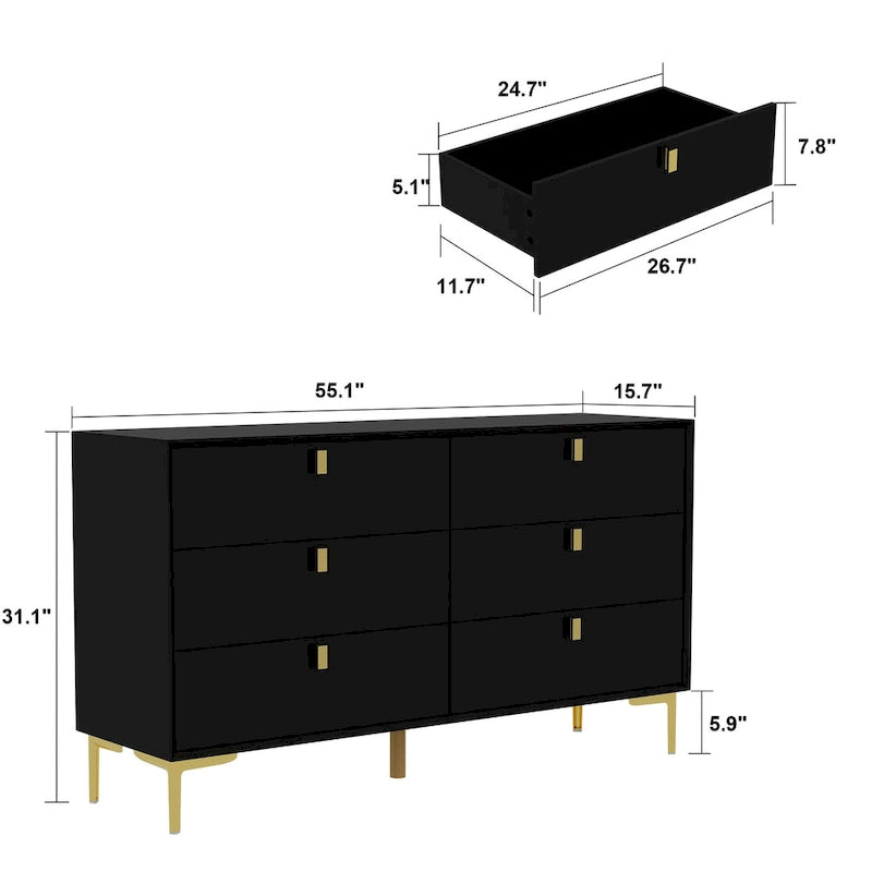 Dresser 6 Drawer Wood Dresser for Bedroom with Storage Modern Gold