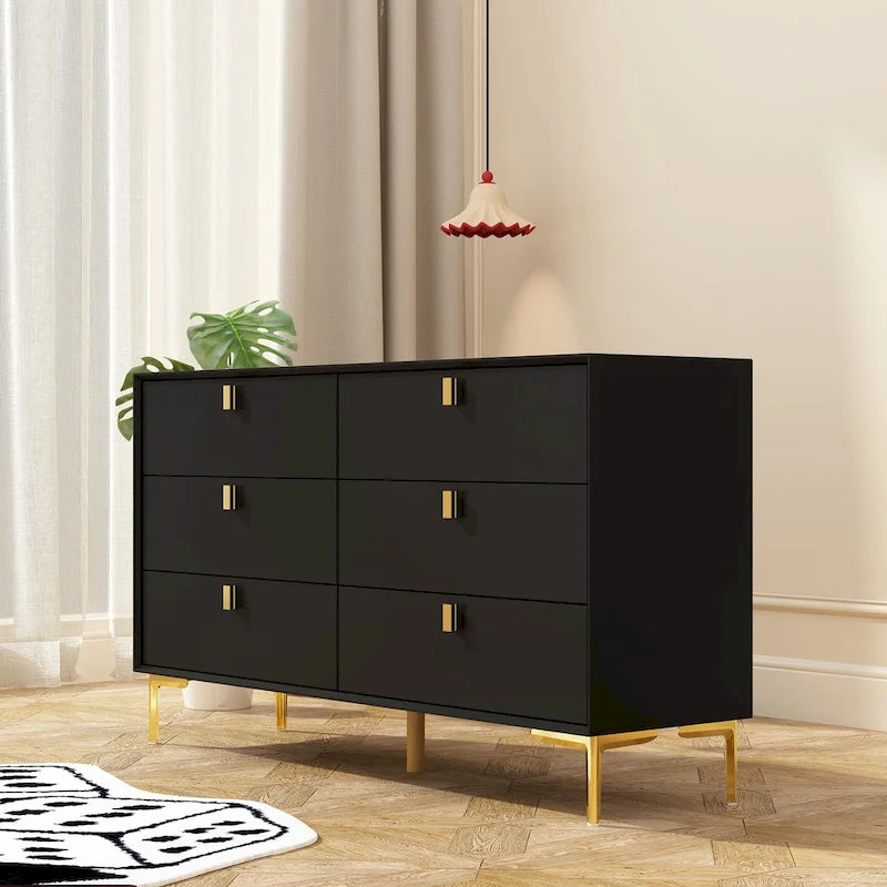 Dresser 6 Drawer Wood Dresser for Bedroom with Storage Modern Gold