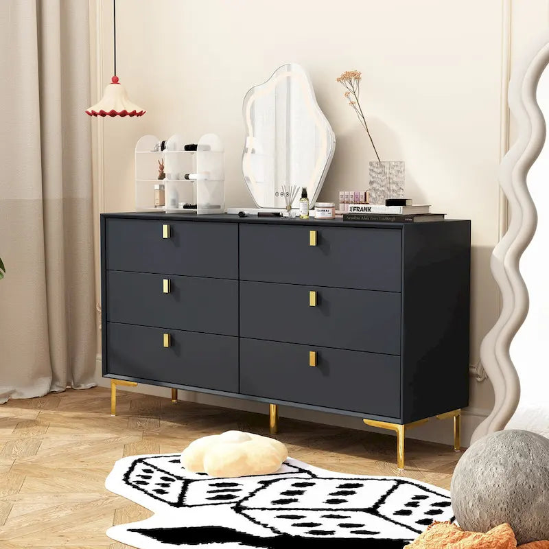 Dresser 6 Drawer Wood Dresser for Bedroom with Storage Modern Gold