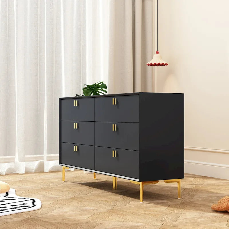 Dresser 6 Drawer Wood Dresser for Bedroom with Storage Modern Gold