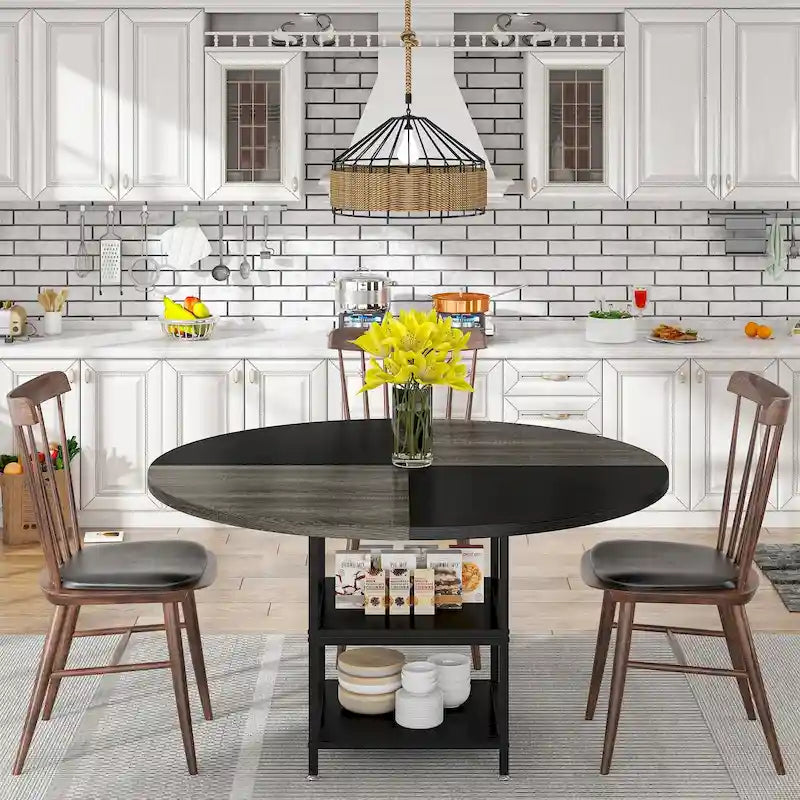 Round Dining Table for 4, 47 inch Kitchen Table Small Dinner Table with Storage Shelf