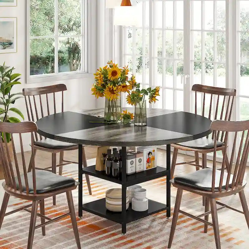 Round Dining Table for 4, 47 inch Kitchen Table Small Dinner Table with Storage Shelf