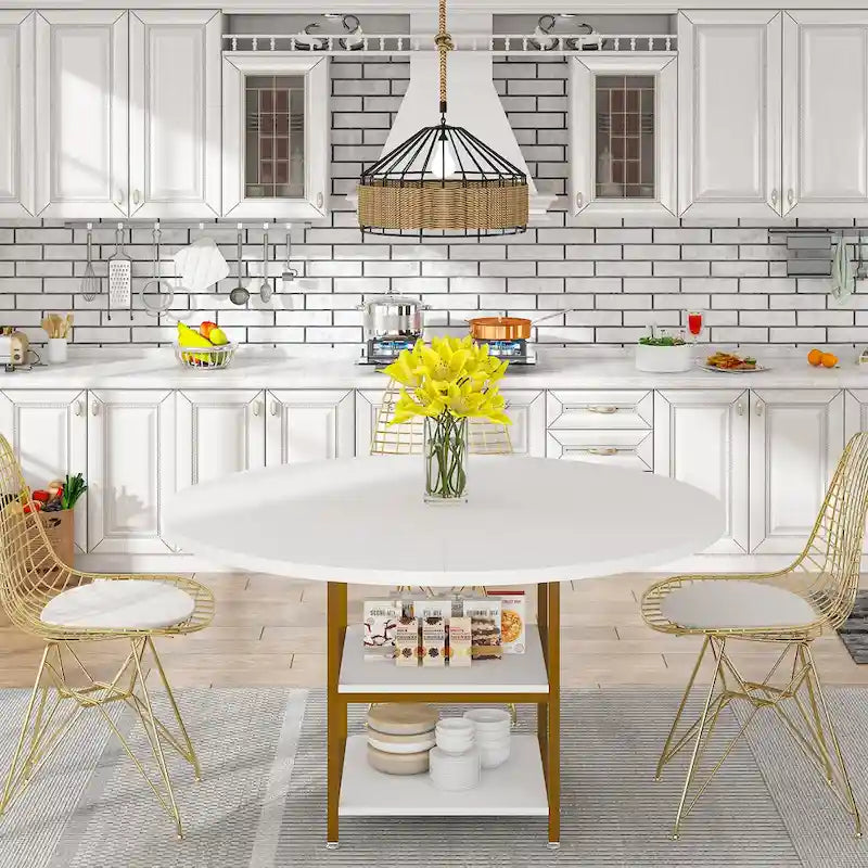 Round Dining Table for 4, 47 inch Kitchen Table Small Dinner Table with Storage Shelf