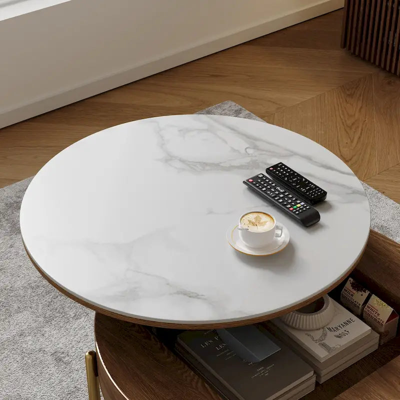 Modern Coffee Table, Lifting-top Round Coffee Table with Storage, Sintered Stone Top, Carbon Steel Legs