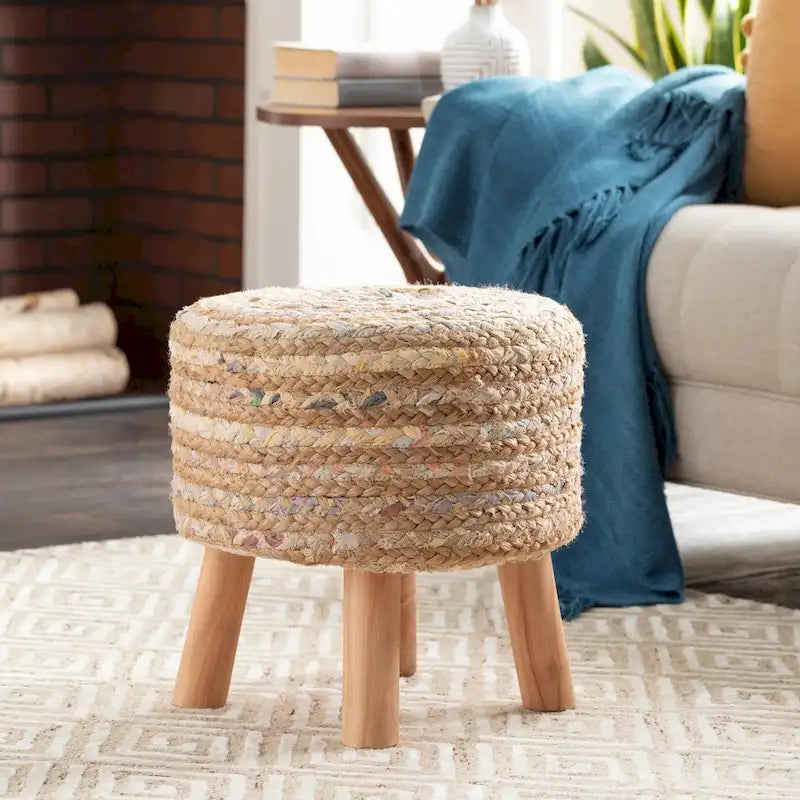 Livabliss Baeley Hand Crafted Bohemian Jute and Wood Foot Stool
