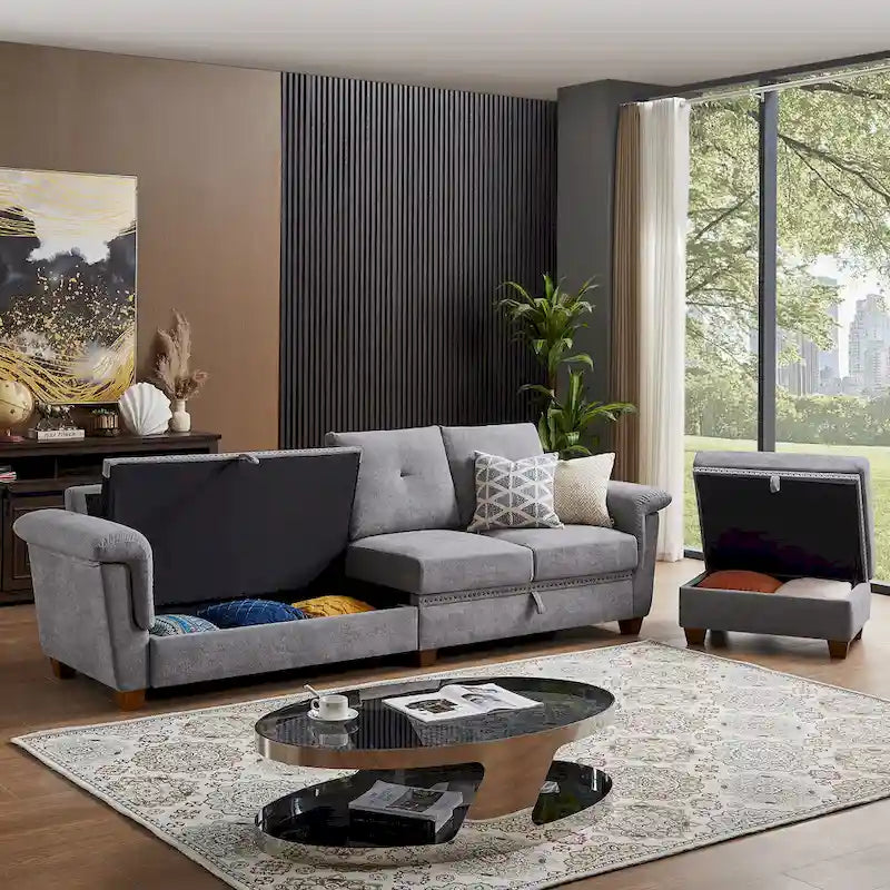 109 Modern 4 Seaters Towelling Sectional Sofa with Hidden Coffee Table Adjustable Headrest and Large Storage Space