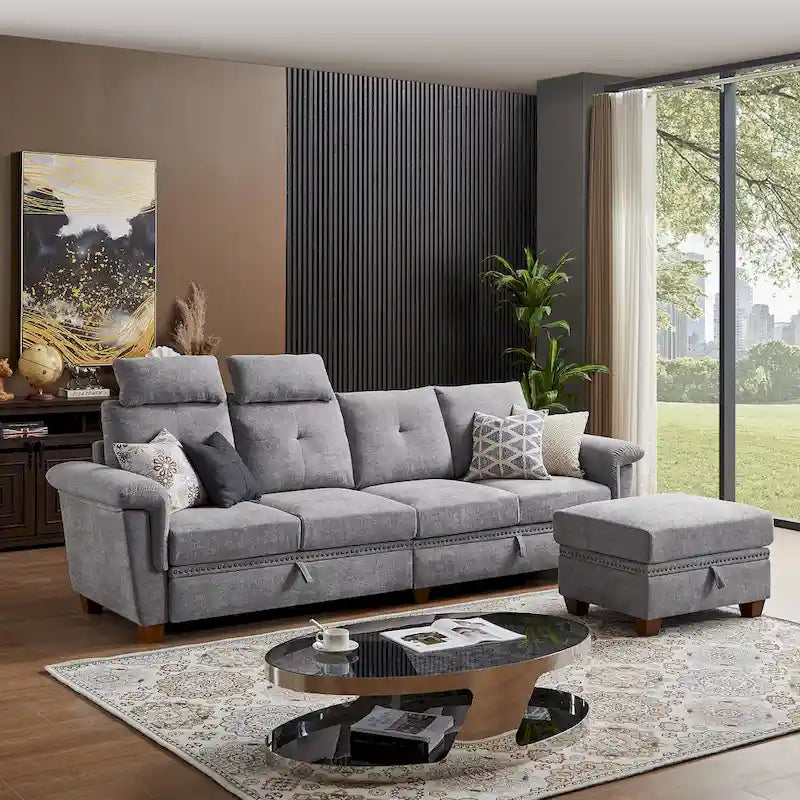 109 Modern 4 Seaters Towelling Sectional Sofa with Hidden Coffee Table Adjustable Headrest and Large Storage Space
