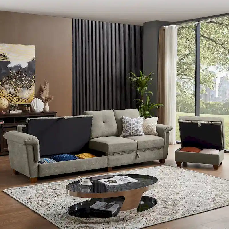 109 Modern 4 Seaters Towelling Sectional Sofa with Hidden Coffee Table Adjustable Headrest and Large Storage Space