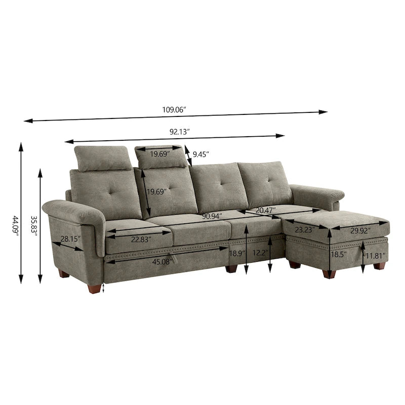 109 Modern 4 Seaters Towelling Sectional Sofa with Hidden Coffee Table Adjustable Headrest and Large Storage Space