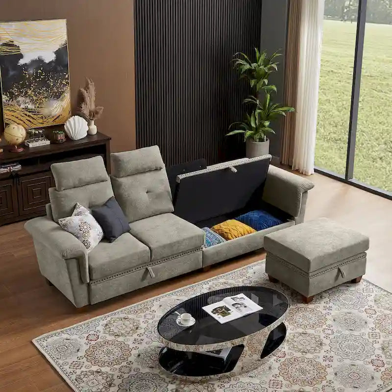 109 Modern 4 Seaters Towelling Sectional Sofa with Hidden Coffee Table Adjustable Headrest and Large Storage Space
