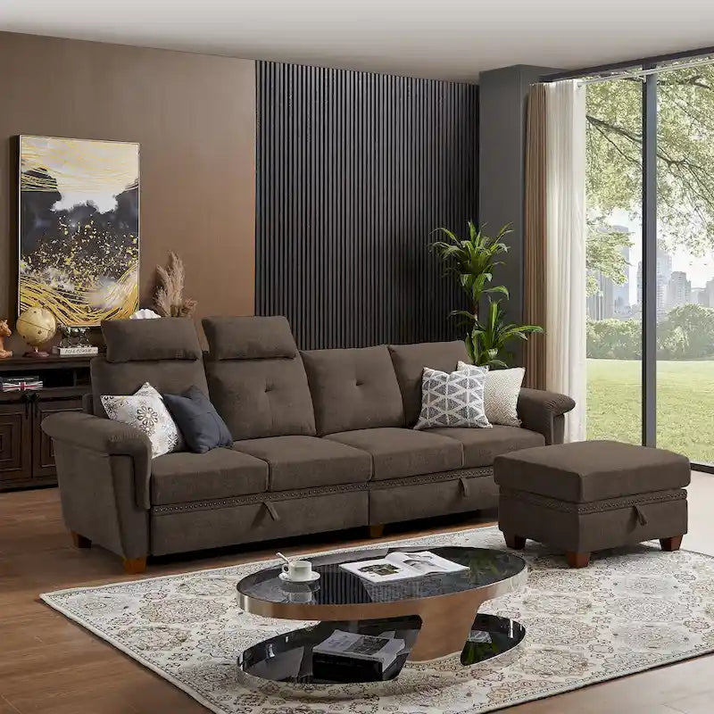 109 Modern 4 Seaters Towelling Sectional Sofa with Hidden Coffee Table Adjustable Headrest and Large Storage Space