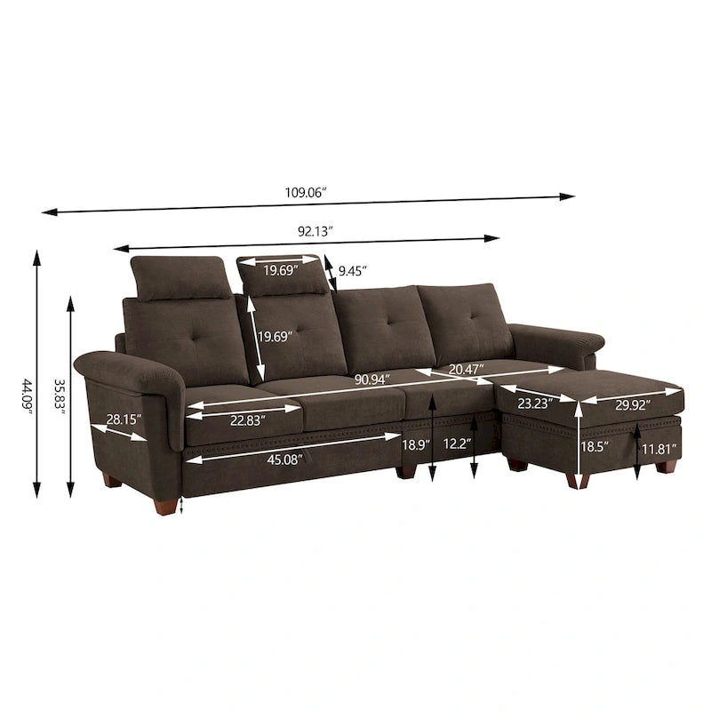 109 Modern 4 Seaters Towelling Sectional Sofa with Hidden Coffee Table Adjustable Headrest and Large Storage Space