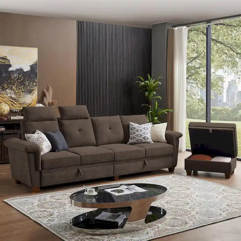 109 Modern 4 Seaters Towelling Sectional Sofa with Hidden Coffee Table Adjustable Headrest and Large Storage Space