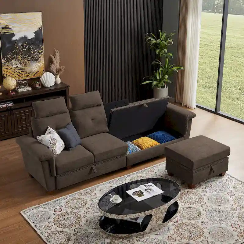 109 Modern 4 Seaters Towelling Sectional Sofa with Hidden Coffee Table Adjustable Headrest and Large Storage Space