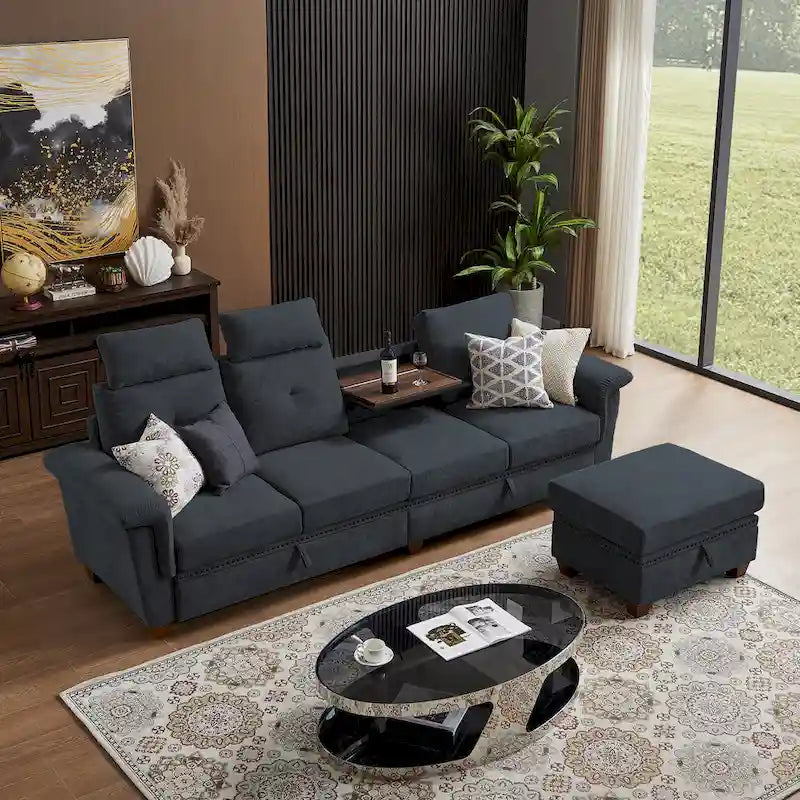 109 Modern 4 Seaters Towelling Sectional Sofa with Hidden Coffee Table Adjustable Headrest and Large Storage Space