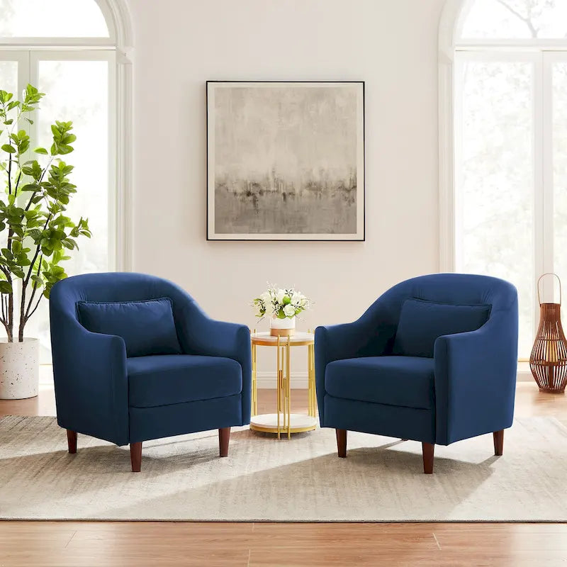 VANOMi 28.34W Set Of 2 Accent Armchair, Velvet Barrel Chair with Solid Wood Legs