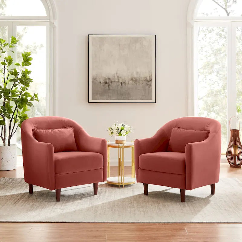 VANOMi 28.34W Set Of 2 Accent Armchair, Velvet Barrel Chair with Solid Wood Legs
