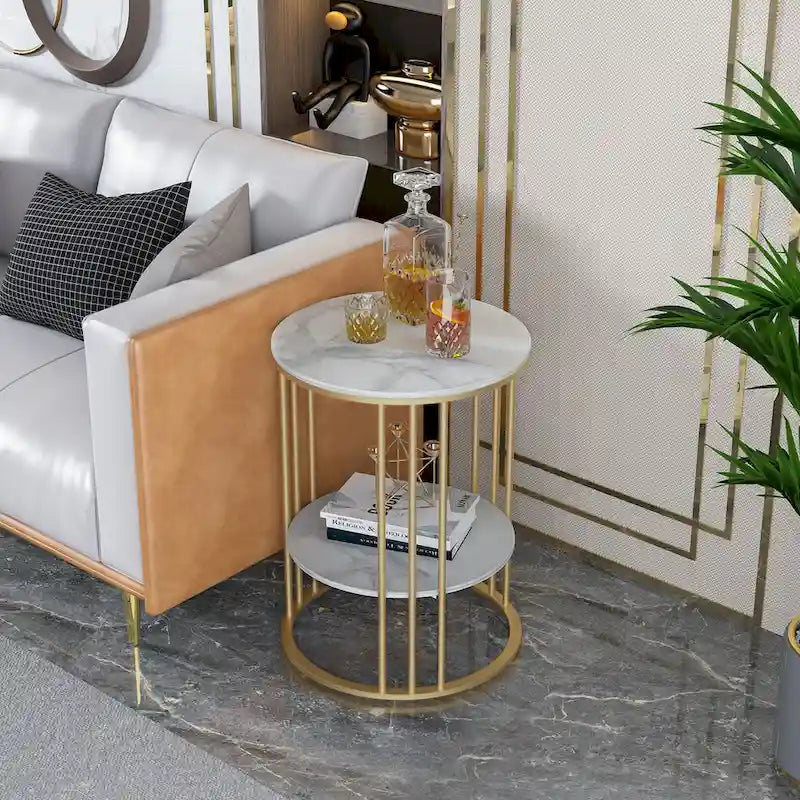 2 Tier Round Sintered Stone End Table Sofa Side Table with Golden Frame