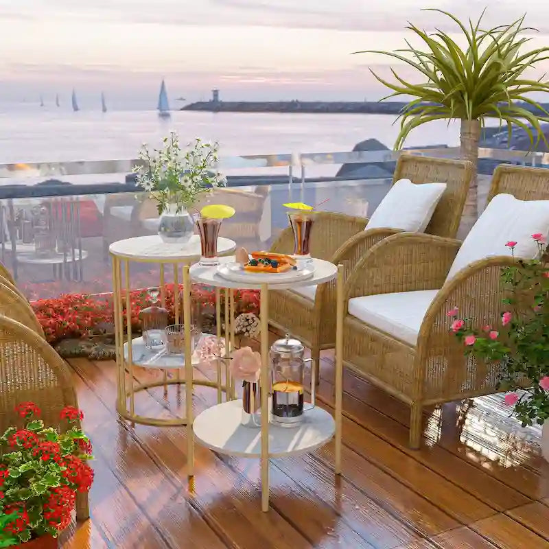 2 Tier Round Sintered Stone End Table Sofa Side Table with Golden Frame