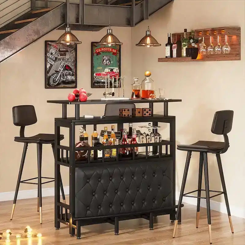 Bar Unit Bar Counter Table for Home Liquor with Front Upholstered Storage Shelf Metal Front Footrest for Home Basement