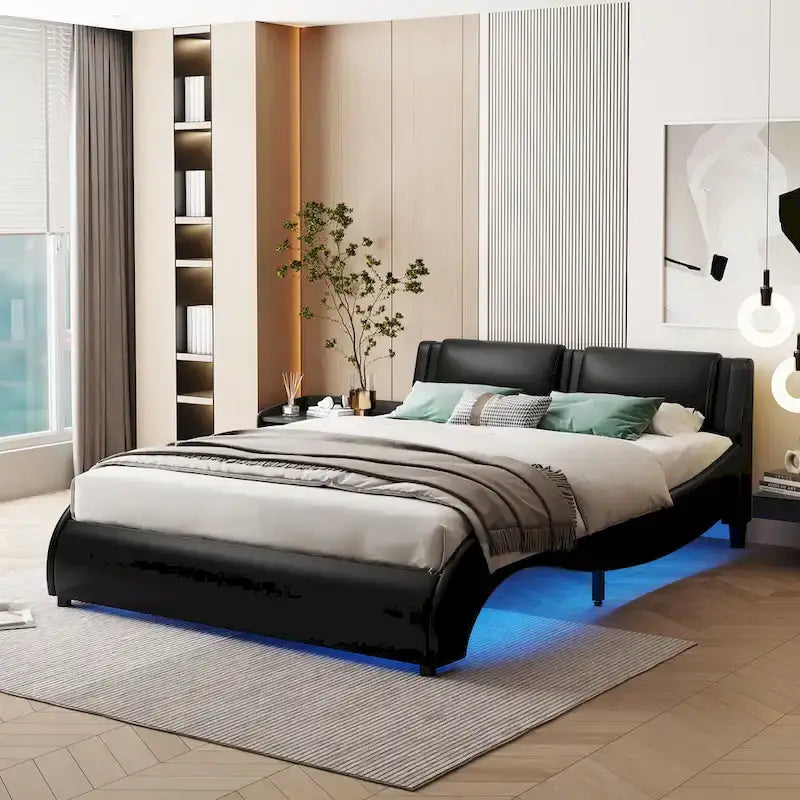 Upholstered Faux Leather Platform Bed with LED Light