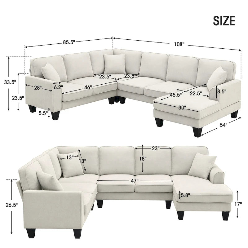 [VIDEO provided] [New] 108*85.5 Modern U Shape Sectional Sofa, 7 Seat Fabric Sectional Sofa Set with 3 Pillows Included for Liv